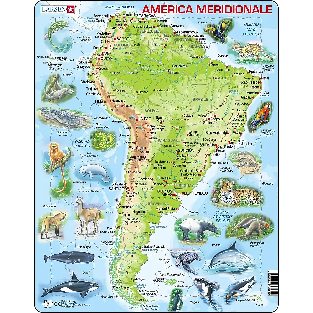 Larsen Puzzle Topographische Karte S�damerika Italienisch - 65 Teile