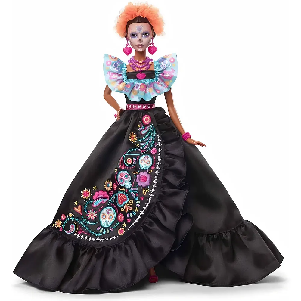 Barbie Signature 2024 D�a De Muertos Sammelfigur mit schwarzem Kleid mit blauem R�schenoberteil