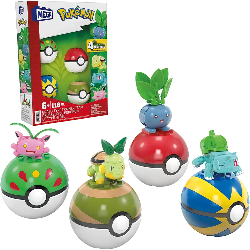 Mega Construx Pok�mon Actionfigur-Bauspielzeug, Pflanze-Typ Trainerteam mit 118 Teilen, bewegliche Bisasam-, Chelast-, Hoppspross- und Myrapla-Figuren, Geschenkidee f�r Kinder, HWR77