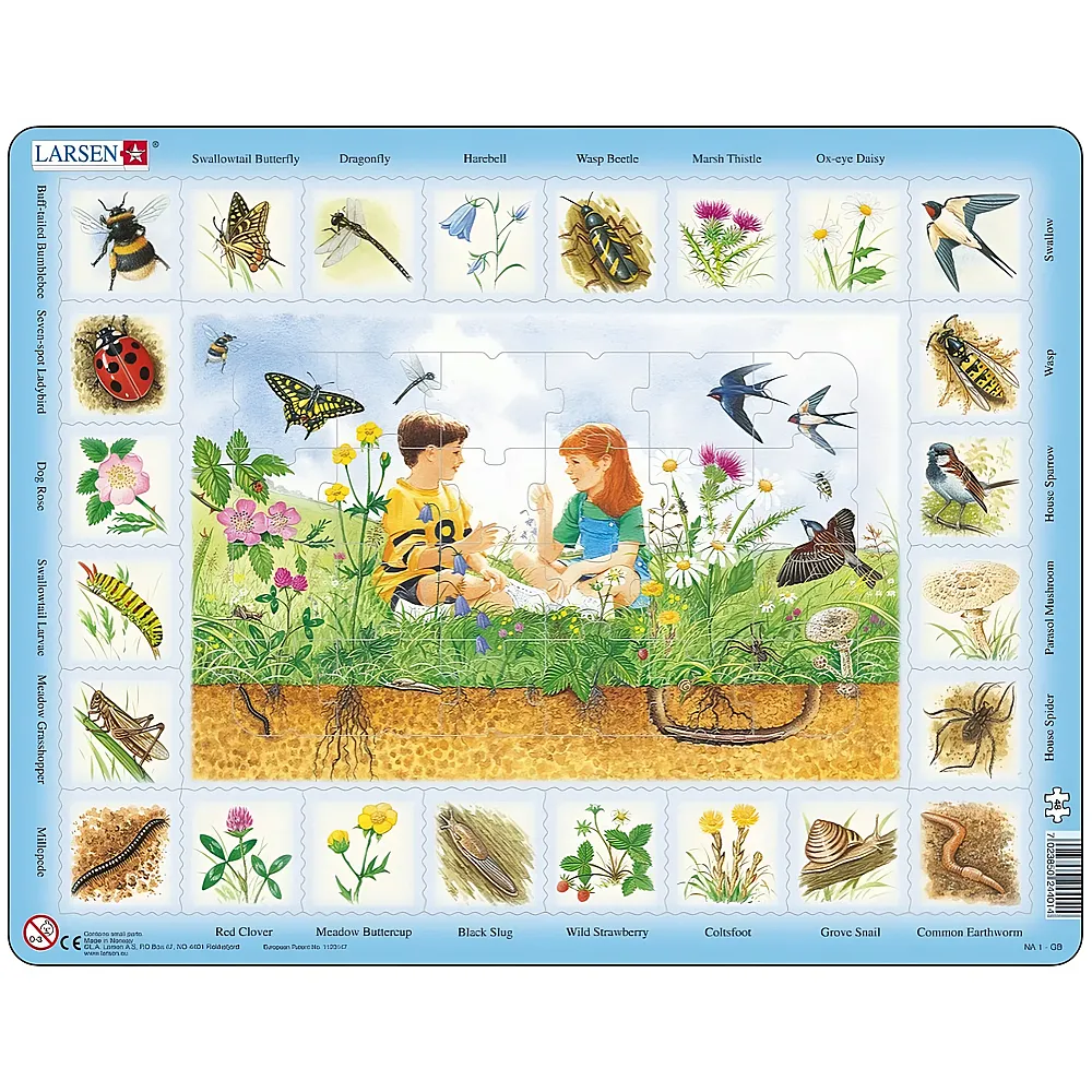 Larsen Puzzle Auf der Wiese auf Englisch - 48 Teile | Rahmenpuzzle