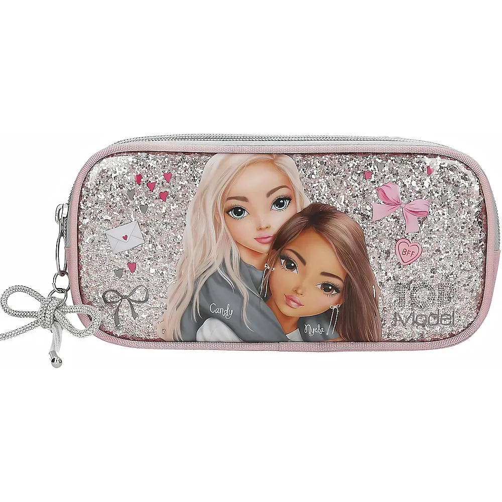 Depesche TOPModel My BFF - Schlampertasche in Rosa und Grau, mit Model Motiv und Glitzer, Federtasche mit Schleifen-Anh�nger