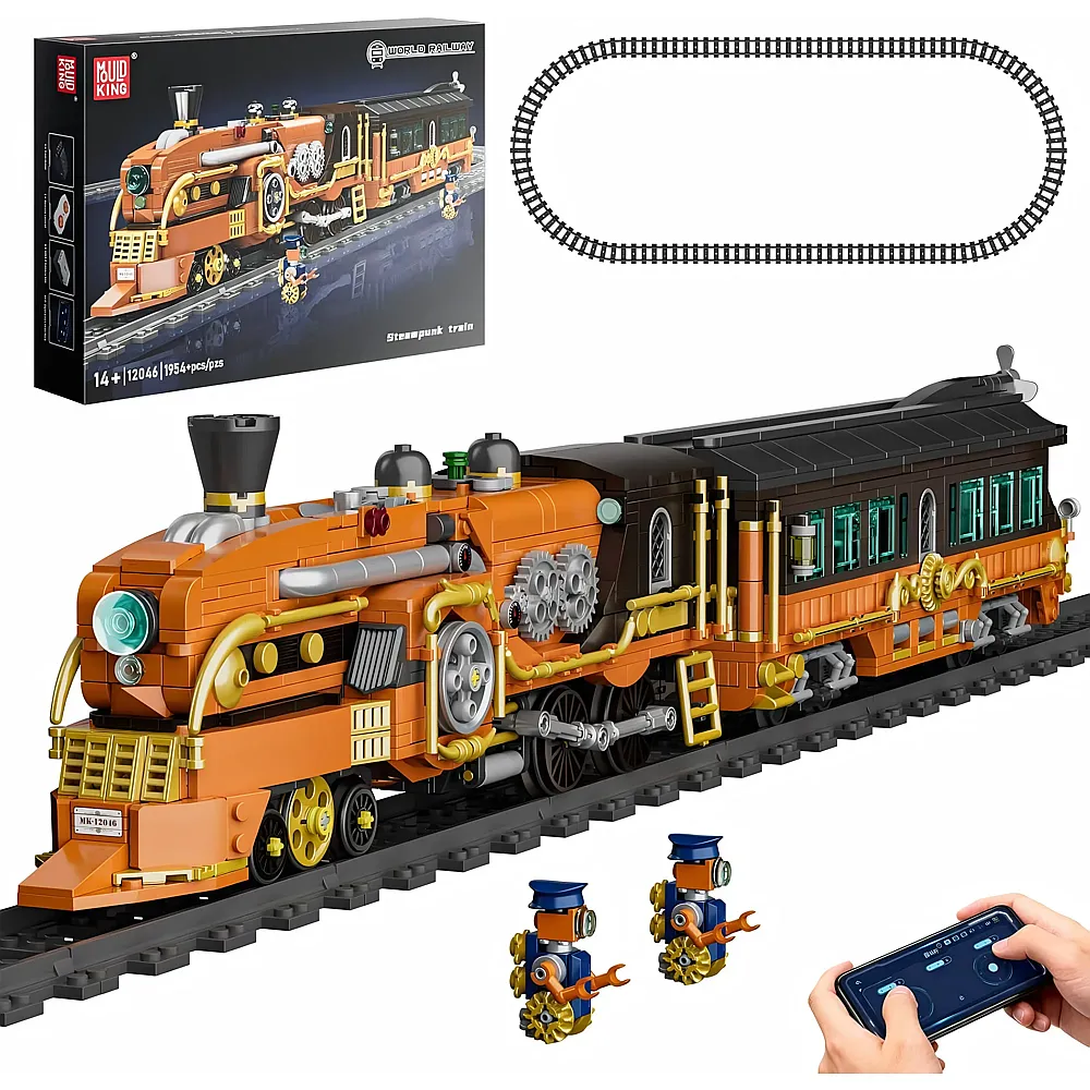 meinspielzeug - Mould King World Railway Ferngesteuerte Steampunk Dampflokomotive 12046 | Klemmbausteine Eisenbahn