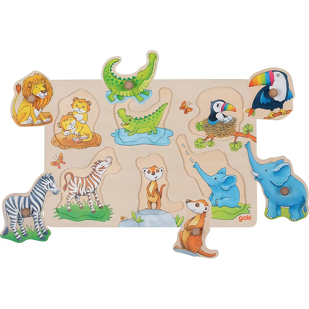 meinspielzeug - Goki Puzzle Hintergrundbild-Steckpuzzle wilde Tierbabies mit Elternteil - 6 Teile | Kleinkind-Puzzle