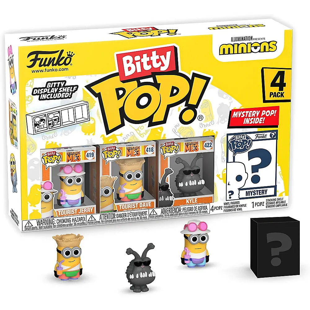 meinspielzeug - Funko Bitty Pop Young Gru, 70's Bob, Pet Rock Otto und Mystery 4Teile Minions | Lizenzfiguren