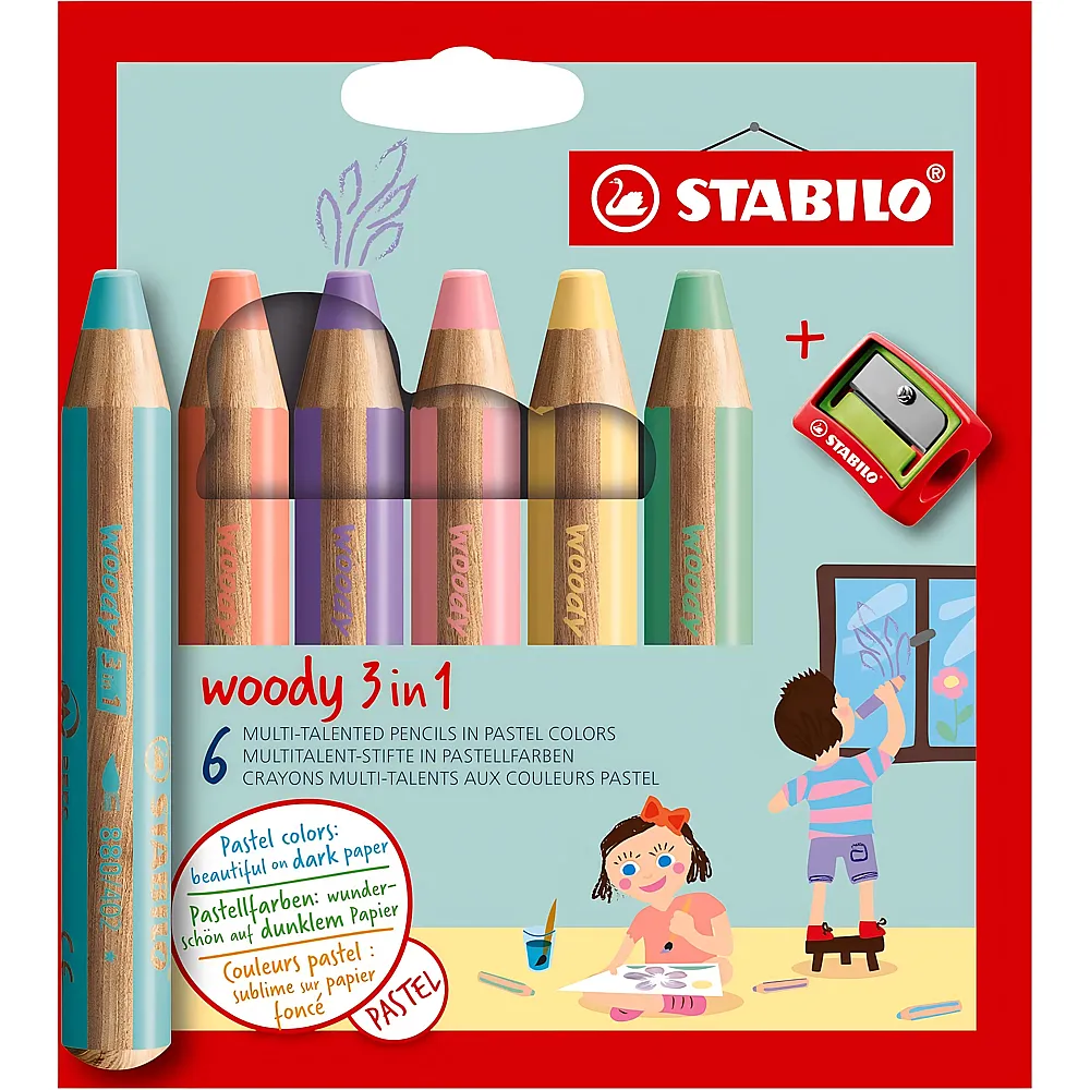 Stabilo Woody 3in1Buntstift, Wasserfarbe & Wachsmalkreide Pastell - 6 Teile