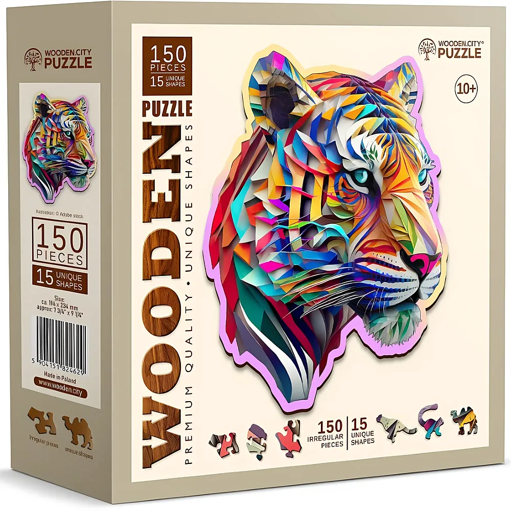 Wooden City Puzzle Holz M Colorful Tiger 150 Teile, aussergewhnliche Formen, 19.4x23.4cm, ab 10 J.