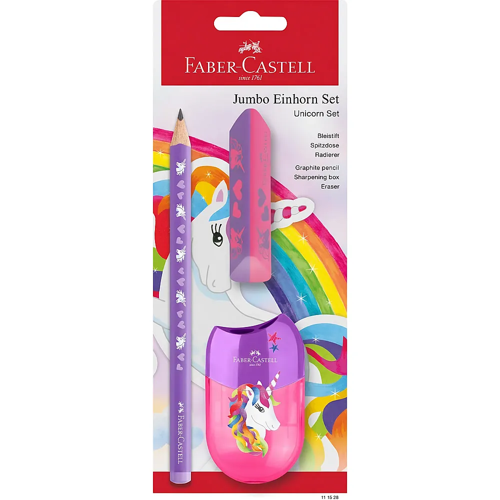 meinspielzeug - FABER-CASTELL Schreibset Einhorn mit Jumbo Bleistift, Spitzer und Radiergummi, Schulset f�r Kinder