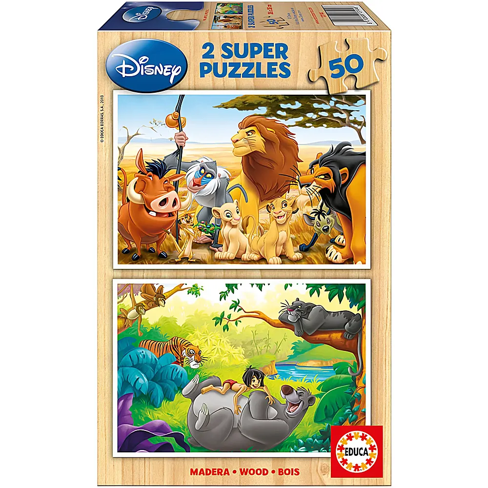 Educa Puzzle Knig der Lwen & Dschungelbuch 2x50 | Holzpuzzle