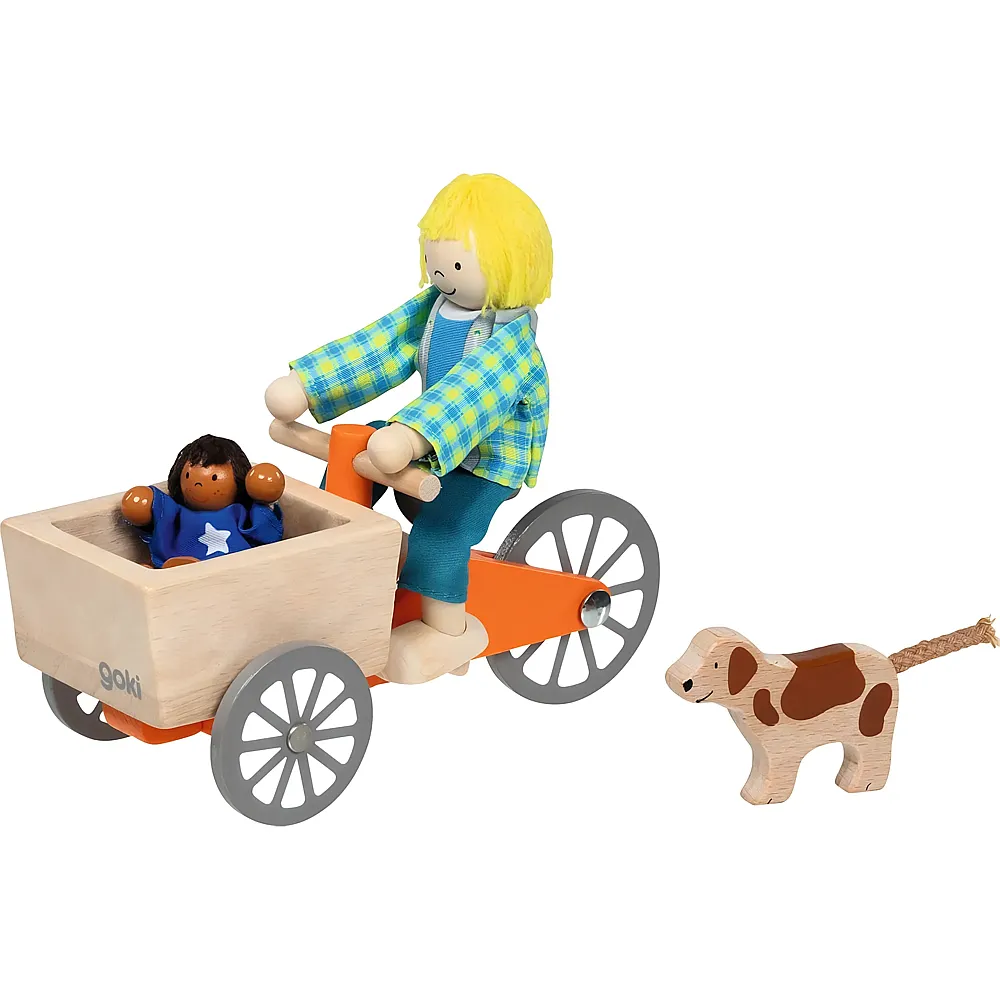 meinspielzeug - Goki Lastenfahrrad mit Zwei Biegepuppen und Hund 4Teile