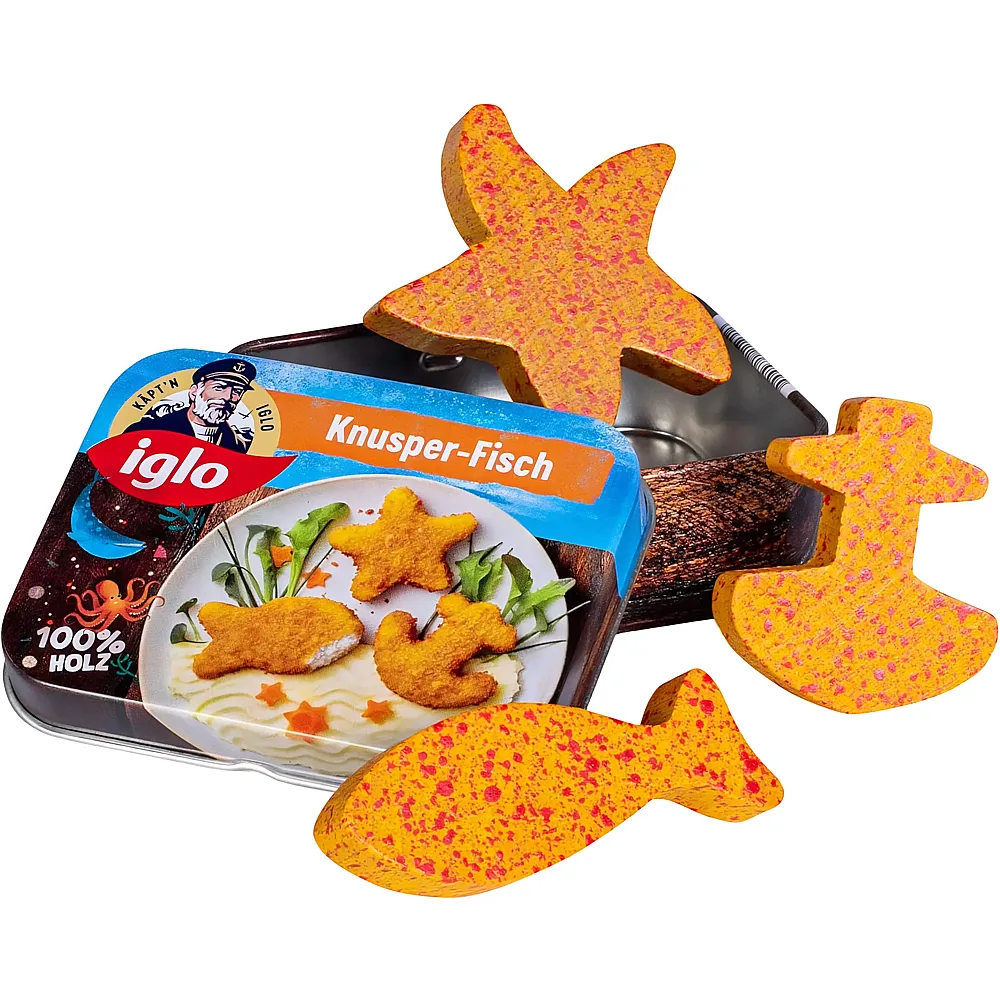 Erzi Knusperfisch von Iglo aus Holz in der Dose