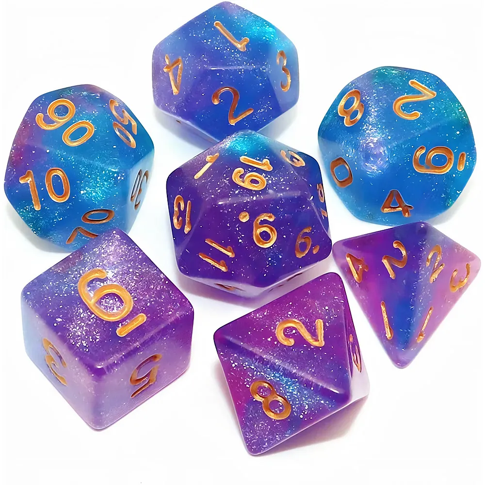 Creebuy D&D Polyedrische Rollenspiel-W�rfel Blau-Violett-Glitzer - 7 Teile Dungeons & Dragons | Kennerspiele