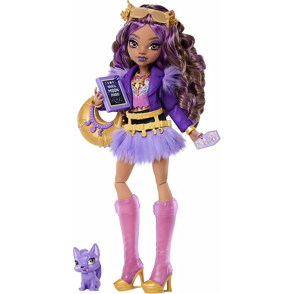 Mattel Monster High Clawdeen Wolf in violetter Moto-Jacke und Fellrock mit Wolfsjungem Crescent