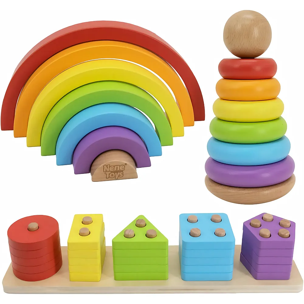 Nene Toys Montessori Holzspielzeug ab 1 Jahr  FSC 3-in-1 Regenbogen, Stapelturm & Sortier-Steckspiel  Motorikspielzeug - Suche