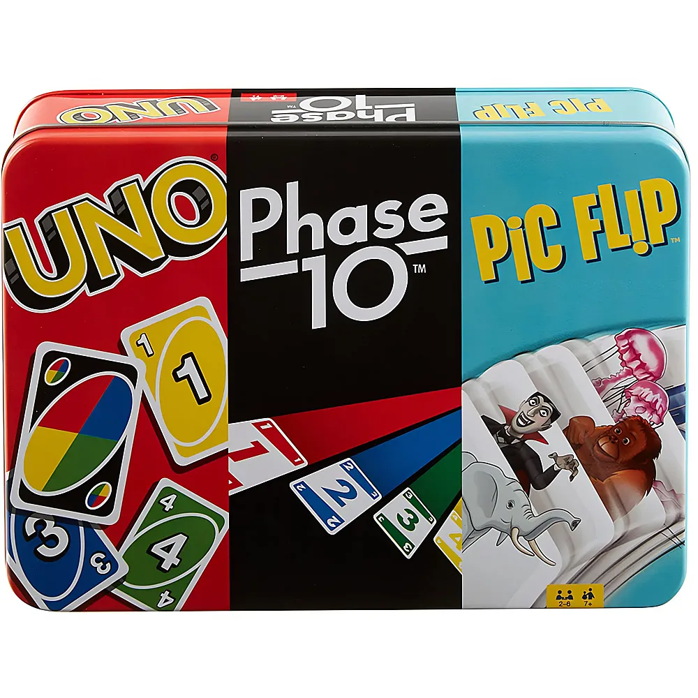 Mattel Games Kartenspiel-Klassiker in Metalldose: UNO, Phase 10, Pic Flip