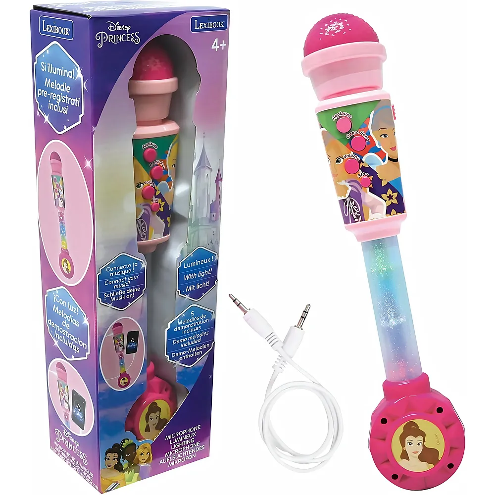 Lexibook Disney Princess Luminous Microphone for Kids, Musical Toy, Built-in Speaker, Light Effects, Aux-in Socket, Pink