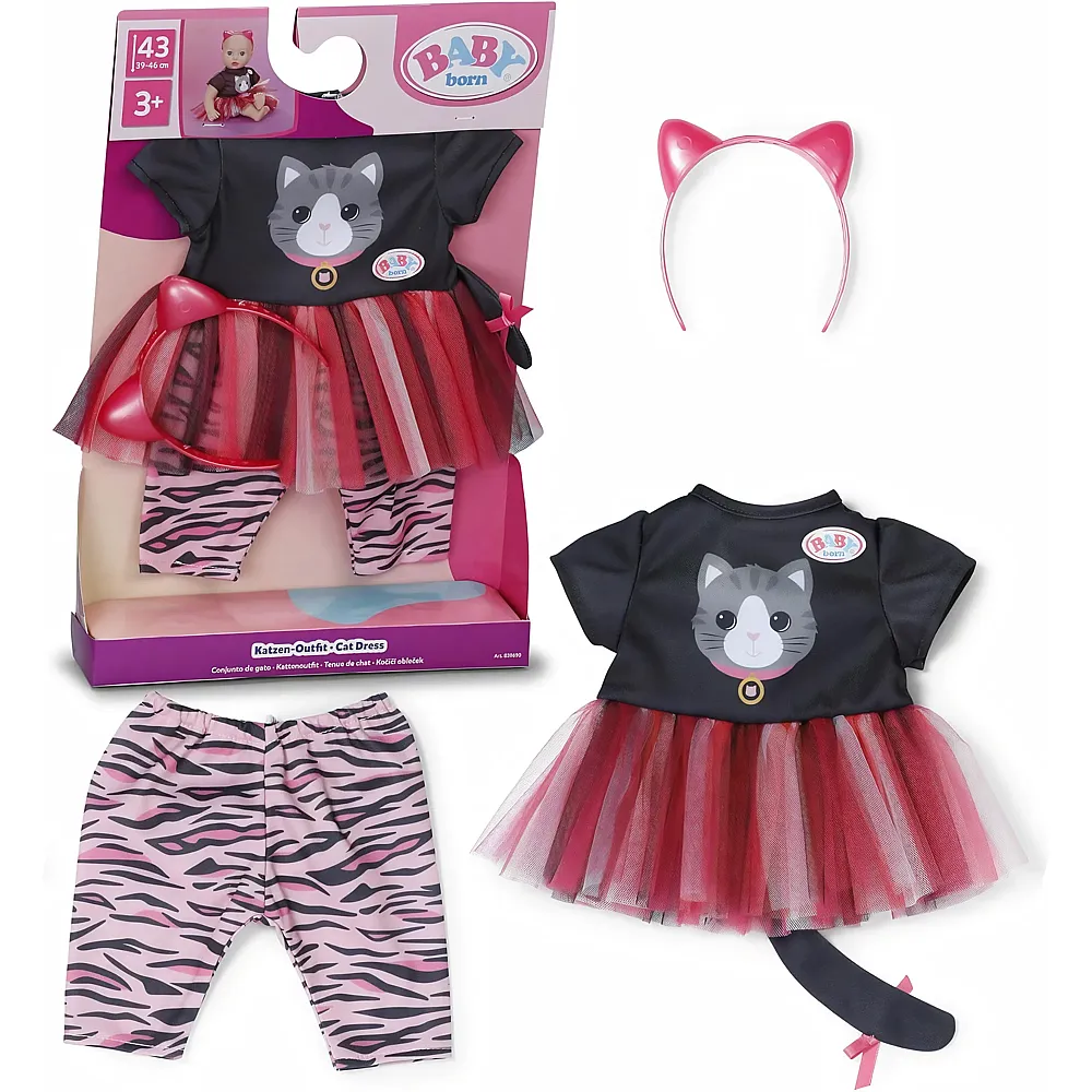 Zapf Creation Baby Born Katzen-Outfit mit Kleid mit Tüllrock, Hose, Haarreif - 43 cm | Puppenkleider