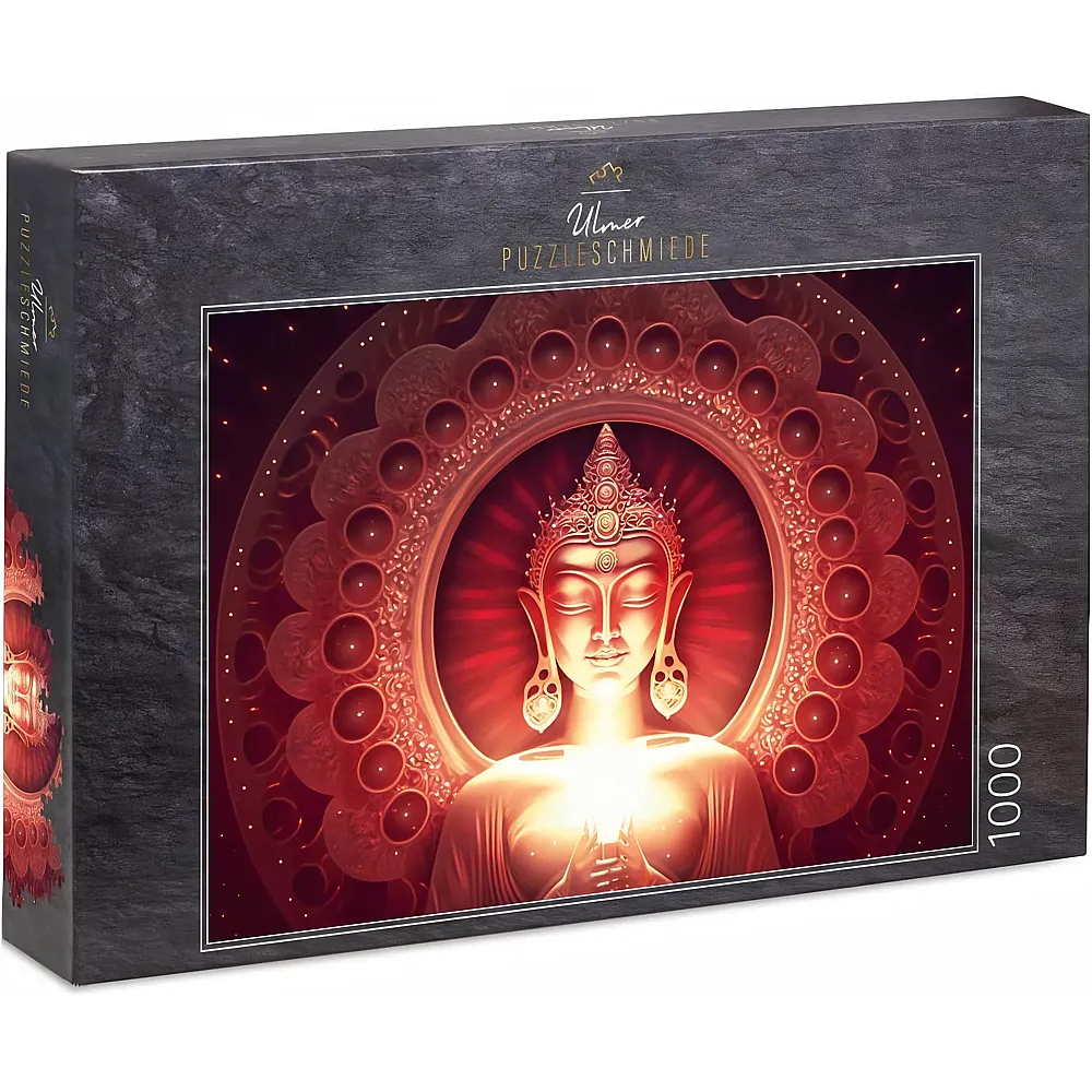 Ulmer Puzzleschmiede Stille Erleuchtung - Buddha-Figur in rot-goldenem Glanz im Zentrum des Mandala - 1000 Teile