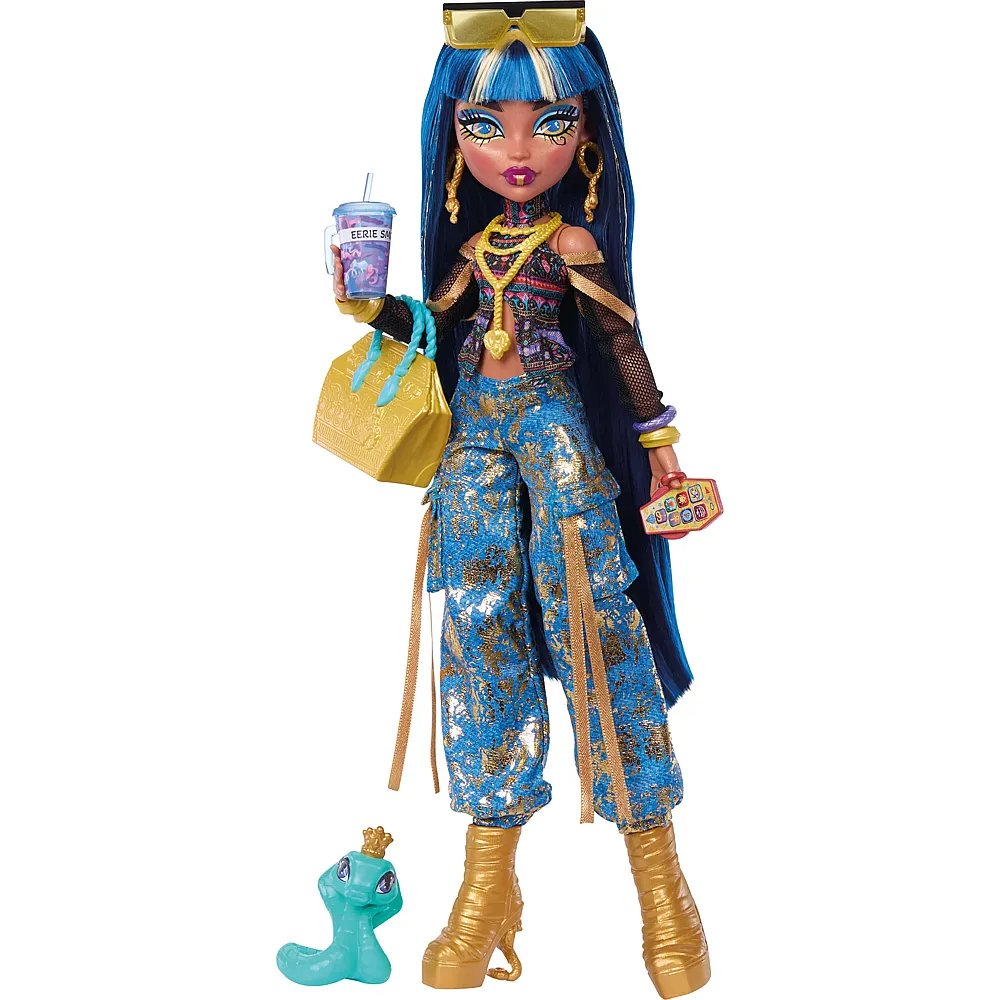Mattel Monster High Cleo de Nile in Crop-Top und Goldener Jeans-Cargohose mit Haustierschlange Hissette