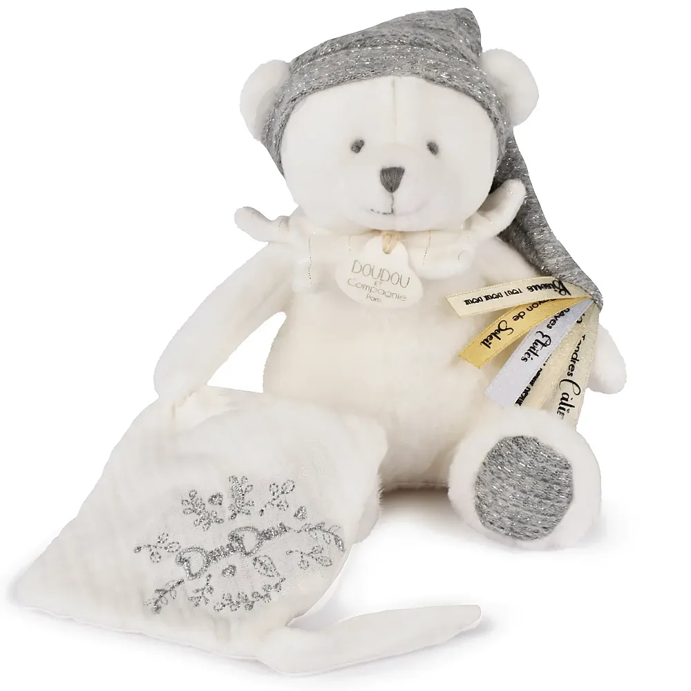Doudou et Compagnie Schmusetuch mit Schnullerhalter B�r Silber - 20 cm | Schmuset�cher