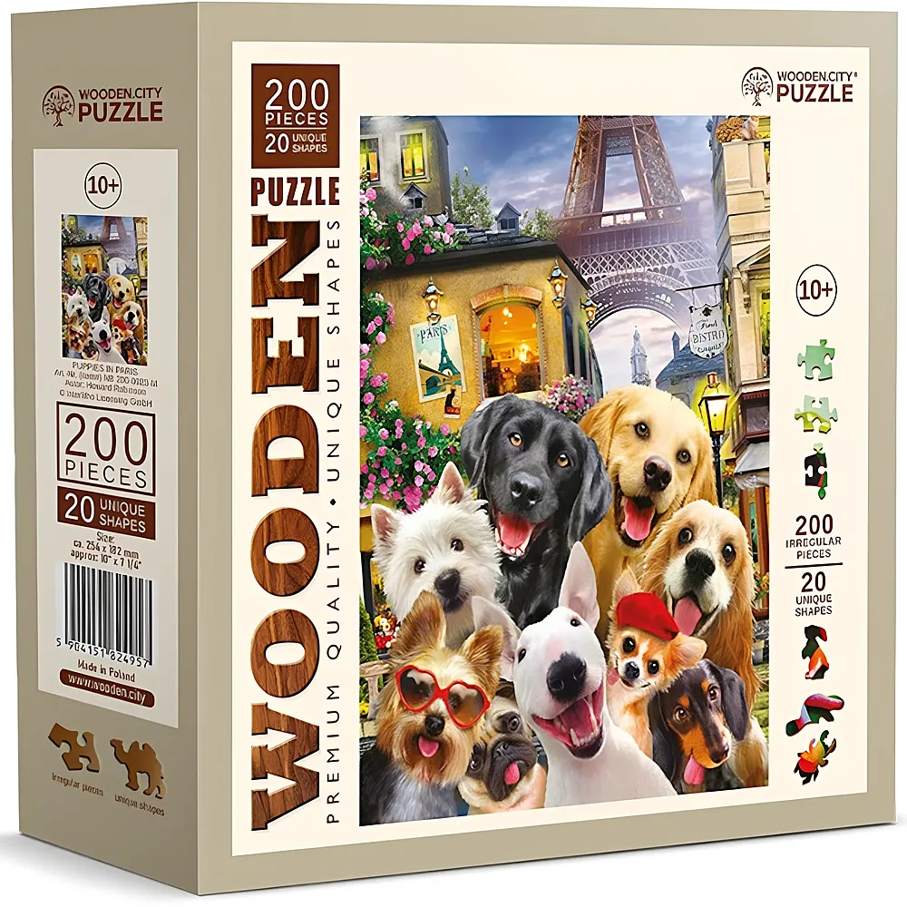 Wooden City Puzzle Holz M Puppies in Paris 200 Teile, aussergewhnliche Formen, 25.4x18.2 cm, ab 10 J.