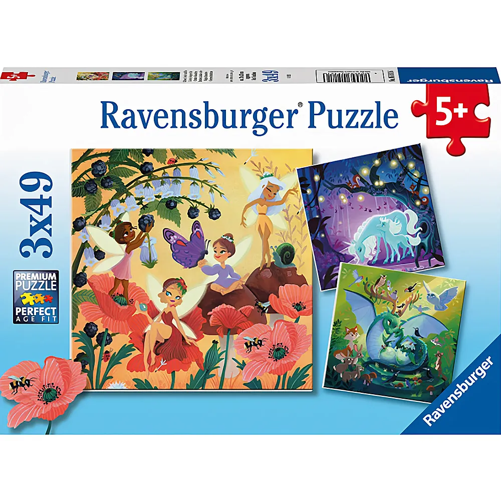 Ravensburger Puzzle Einhorn, Drache und Fee 3x49