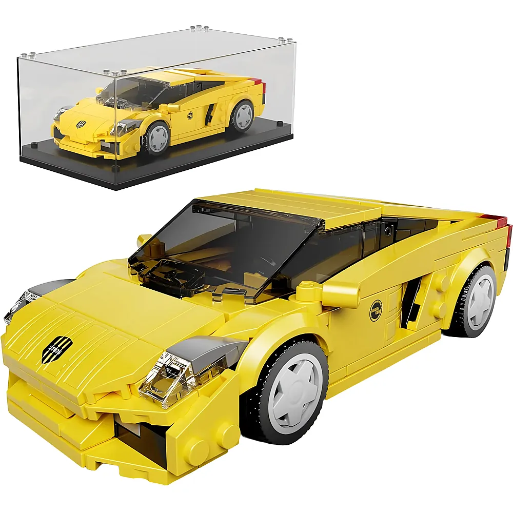 meinspielzeug - Mould King Speed Champion Sportwagen mit Vitrine Gelb 27076 | Klemmbausteine Fahrzeuge
