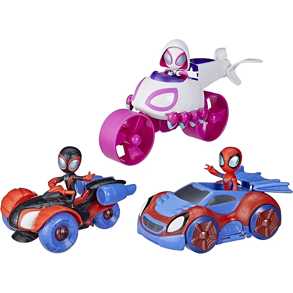 Hasbro Marvel Spidey and His Amazing Friends Team Spidey Verwandelbare Flitzer, 3 Fahrzeuge und Figuren f�r Kinder ab 3